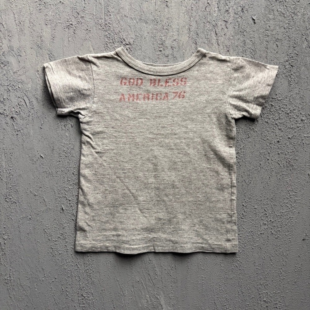Denim Dungaree T-Shirt Medium 120CM Gray God Bless America Baby Tee Japan